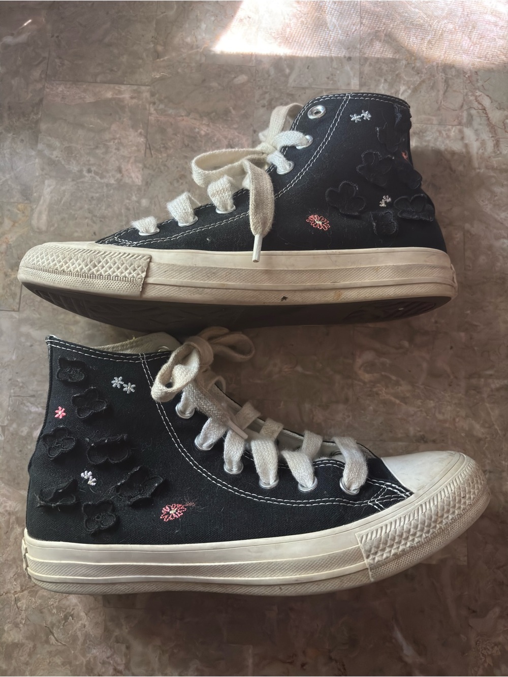 Converse Black High-Top Sneakers with Embroidered Floral Accents Size 7